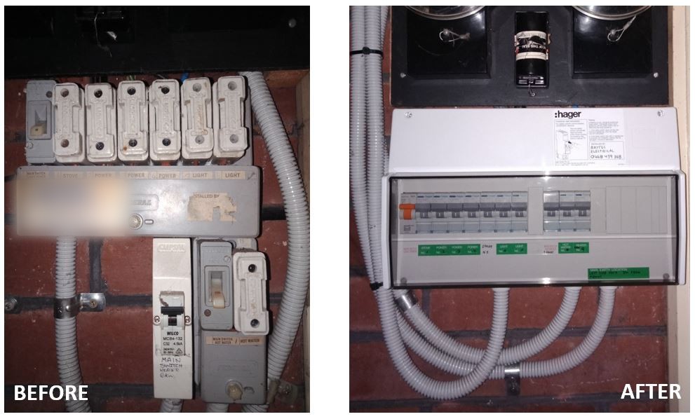 Before: an old ceramic fuse board. After: a new Hager switchboard with labelled circuits and a Baytec Electrical sticker